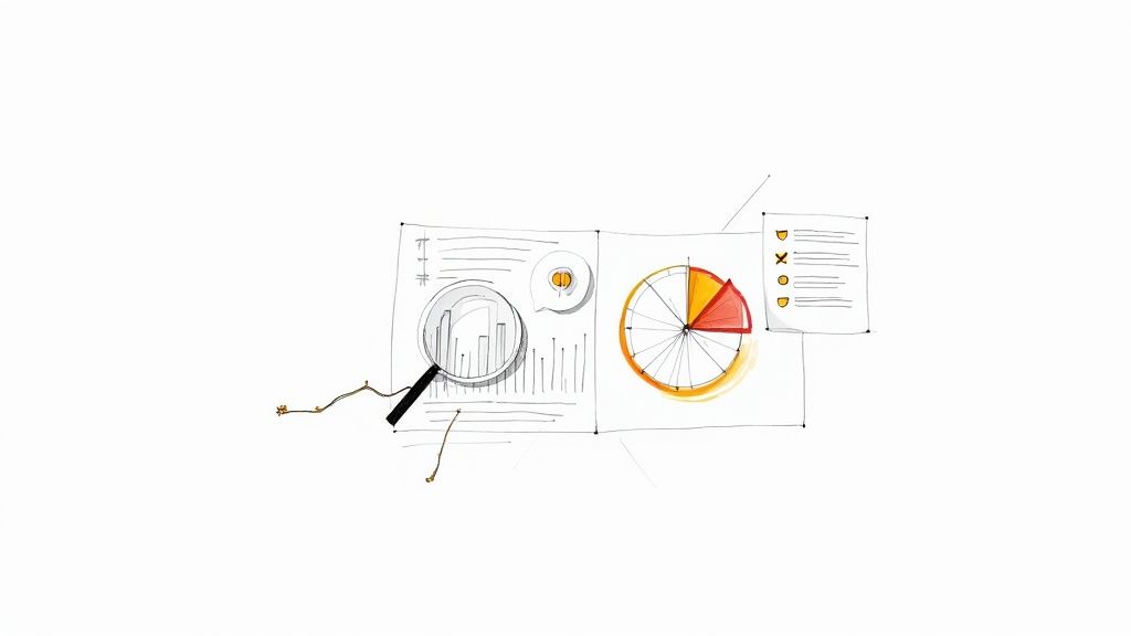 A hand-drawn sketch illustrating business data analysis with charts, a magnifying glass, and a checklist.