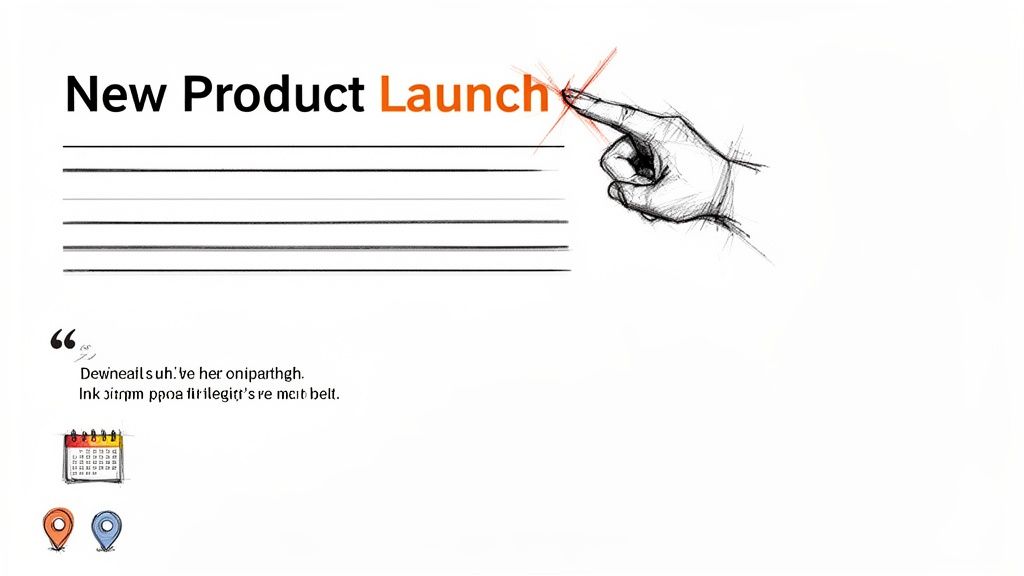 A hand points to the orange word 'Launch' in 'New Product Launch,' with placeholder text and icons.