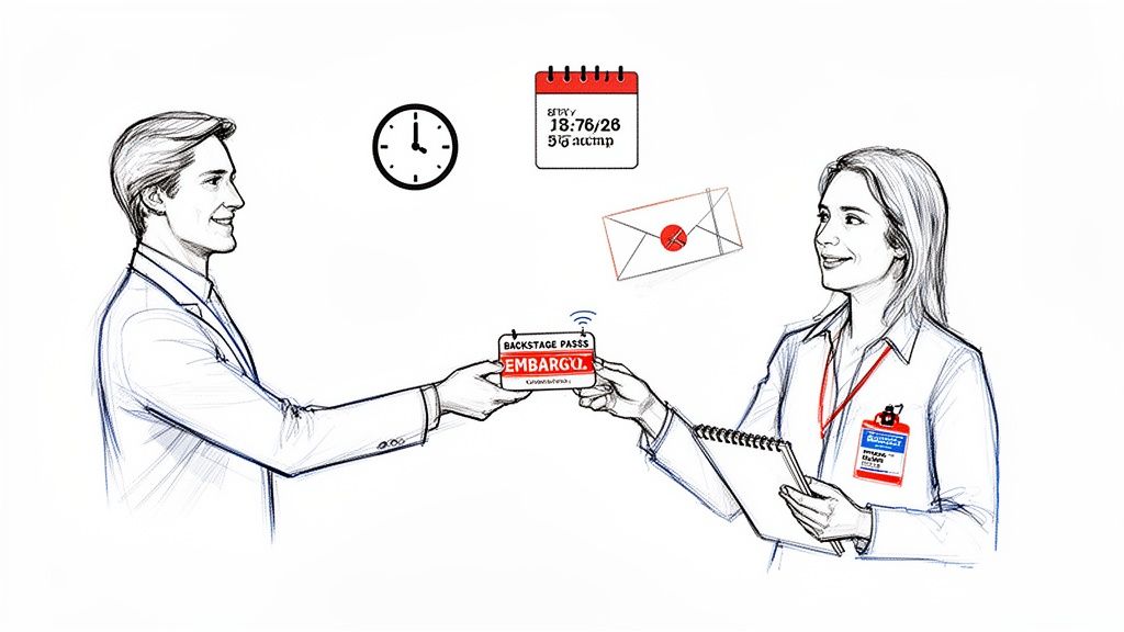 Two people exchange an 'EMBARGO' pass, surrounded by icons for time, date, and confidential email.