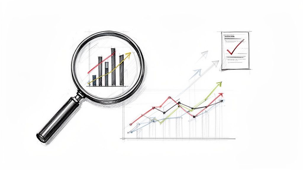 A hand-drawn sketch showing a magnifying glass over charts, line graphs, and a document with a checkmark, symbolizing business analysis and growth.
