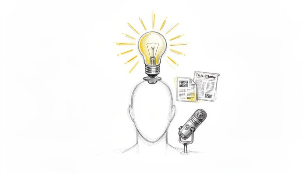 Sketch of a head with a bright idea light bulb, newspaper, and microphone for media.