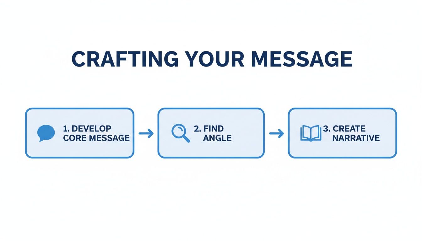 Process chart illustrating three steps: develop core message, find angle, and create narrative.