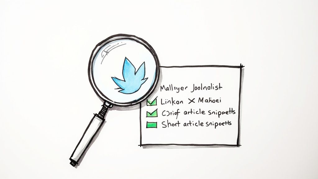 Magnifying glass examining Twitter bird logo with journalist research checklist showing verified connections and article snippets
