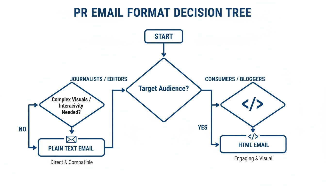 A decision tree for PR email format, guiding choices between plain text and HTML based on target audience and visual needs.