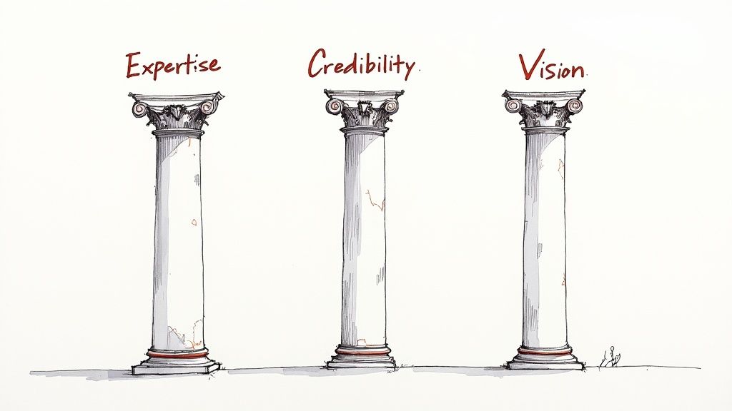 Three abstract pillars representing expertise, credibility, and vision in thought leadership