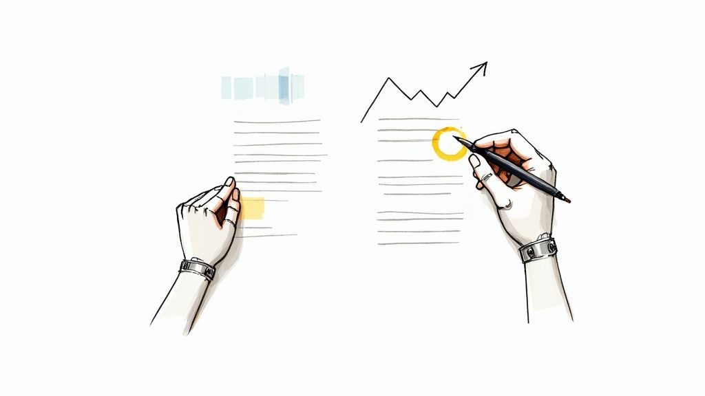 Illustration of two hands reviewing documents, one highlighting text and the other marking a chart with a pen.