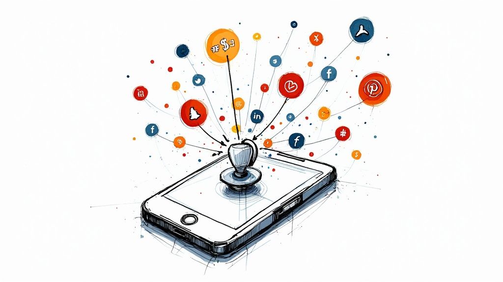 A person's hands holding a smartphone displaying a news feed with charts and articles.