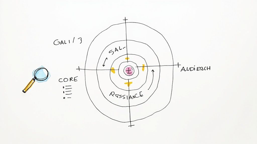 Hand-drawn target diagram illustrating a core concept with concentric circles, axes, and labels, plus a magnifying glass.