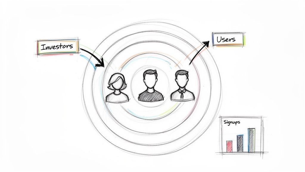 A hand-drawn diagram illustrating stakeholder relationships, showing investors, users, and signups around core individuals.