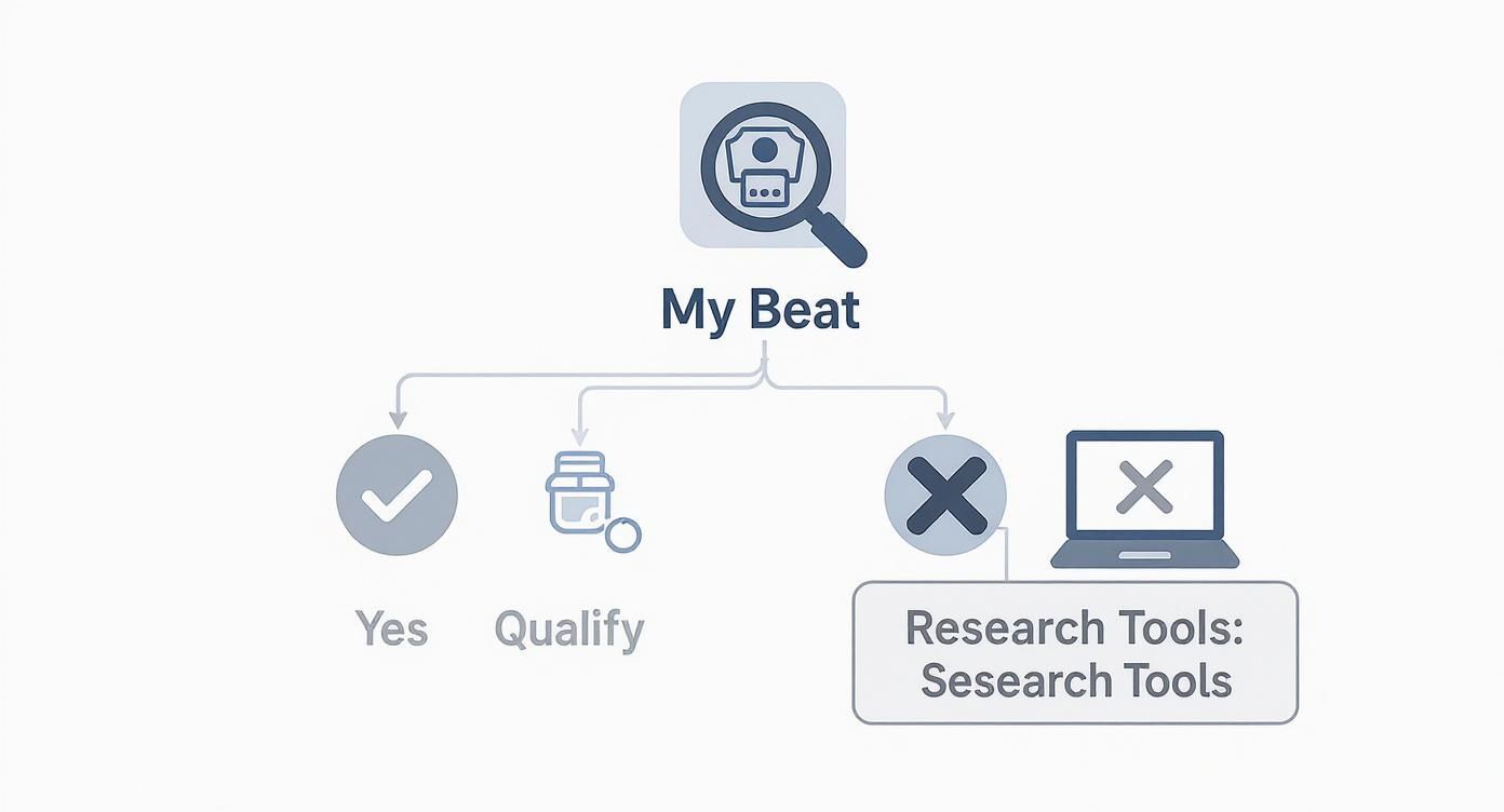 Infographic decision tree for finding journalists, showing paths for existing contacts versus using research tools.