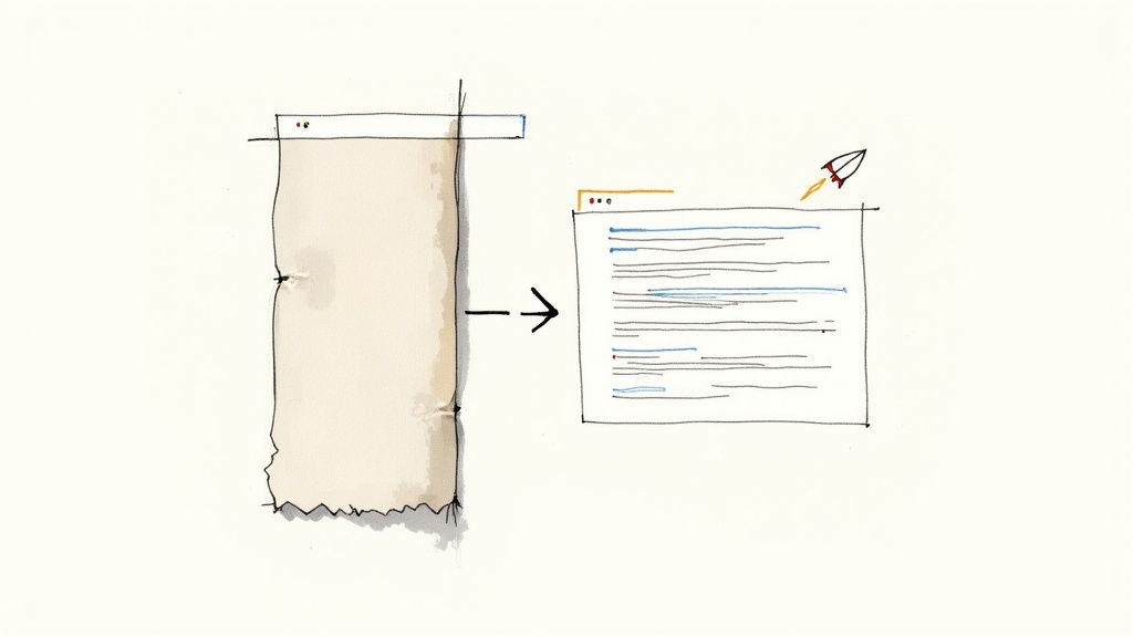 Visualizing an old document transforming into a modern, optimized digital press release with a rocket icon.