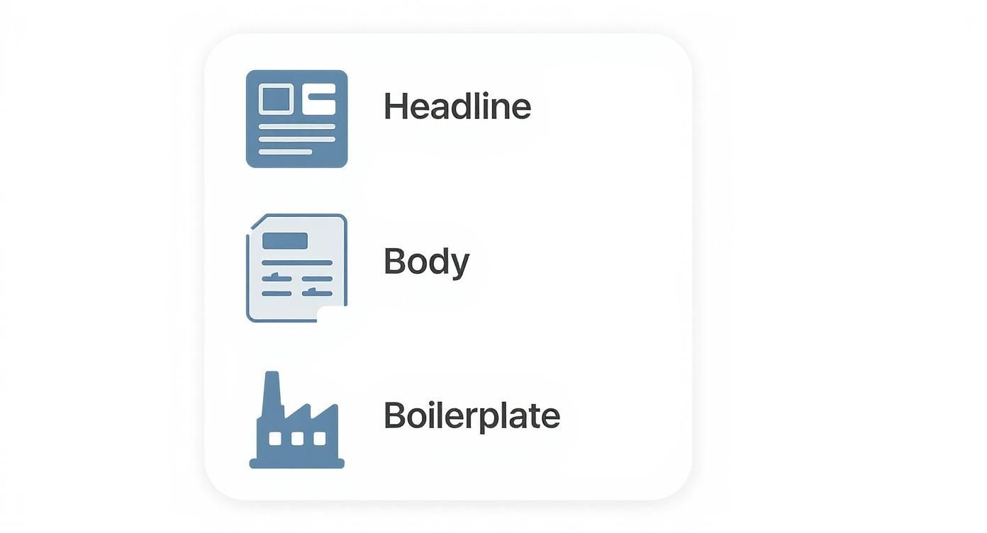 A structured list illustrating key components of a press release: Headline (newspaper icon), Body (document icon), and Boilerplate (factory icon).