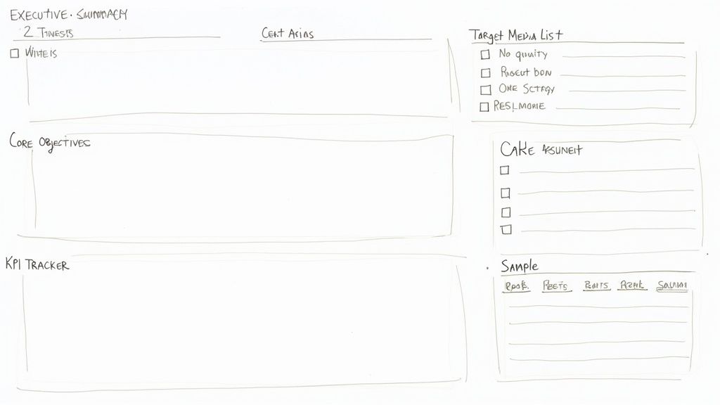 Laptop displaying a PR strategy template with charts and text fields.