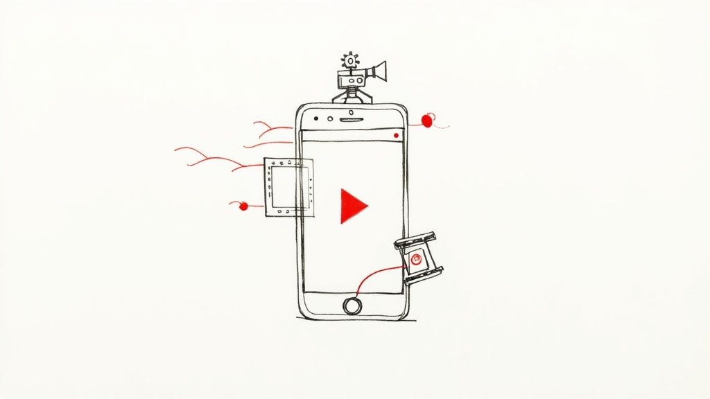 Hand-drawn smartphone with a play button, camera, film reels, and picture frame, symbolizing mobile video creation.