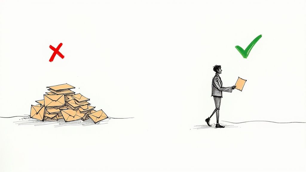 A red 'X' mark drawn on a whiteboard next to a crossed-out email icon.