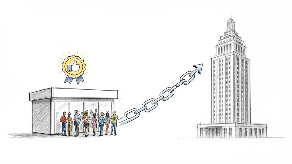 Illustration of people at a small building with a 'thumbs up' award, linked by a chain to a tall skyscraper.
