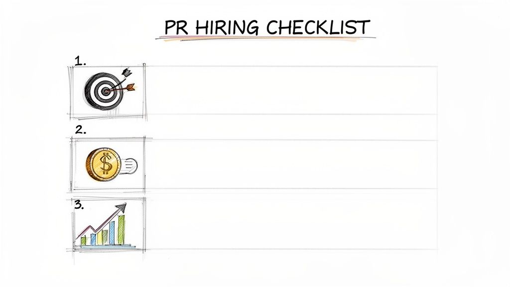 A PR hiring checklist with icons for setting goals, managing budget, and tracking growth.
