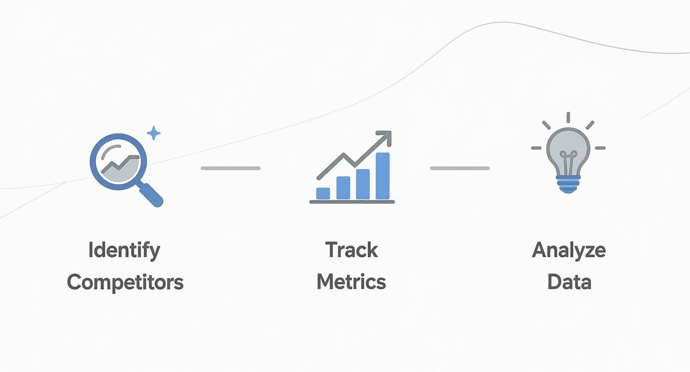 An infographic outlining three steps: identify competitors, track metrics, and analyze data for business insights.