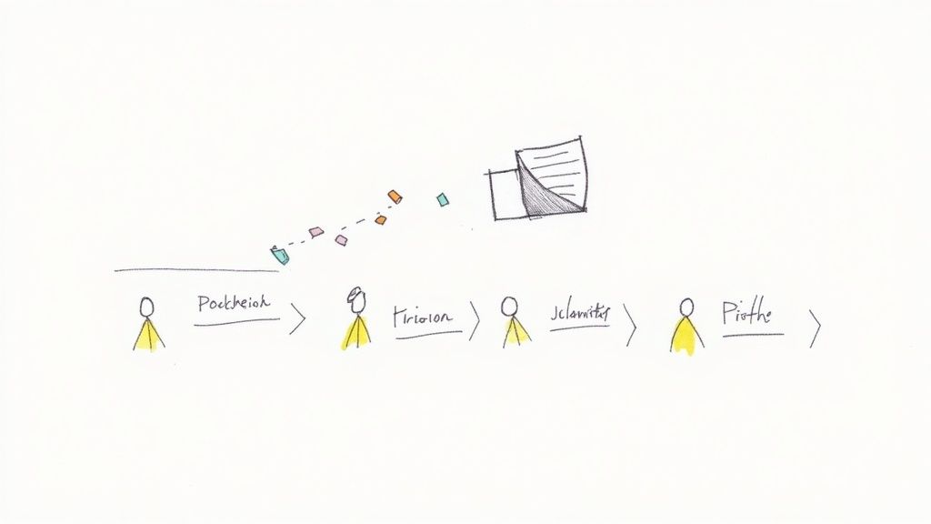 A person typing on a laptop with a focused expression, representing the process of crafting a media pitch.