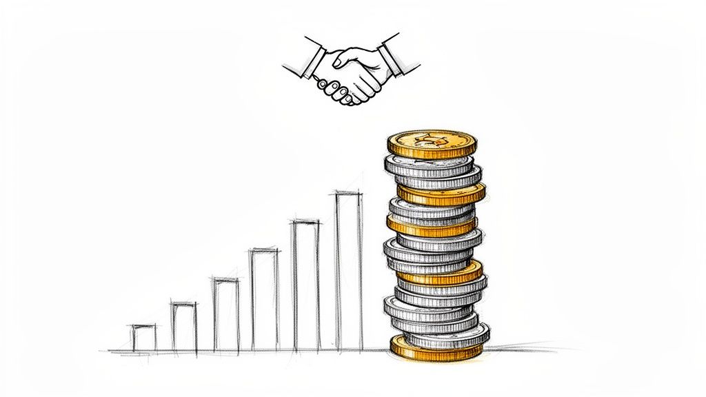 A sketch illustrating a handshake, a growing bar graph, and a tall stack of coins, symbolizing business growth and financial success.
