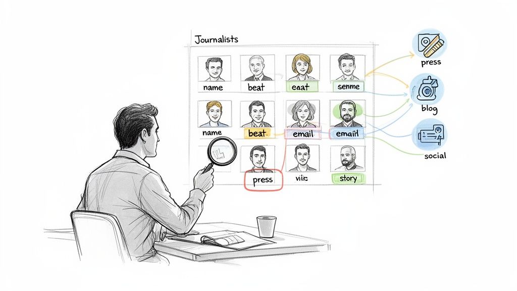 A professional searches a journalist database, categorizing media contacts by press, blog, and social.
