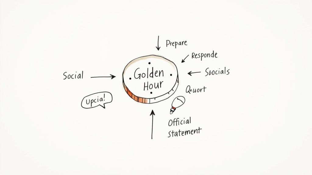 Golden Hour concept diagram showing PR crisis management workflow with social media responses and official statements