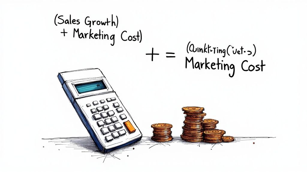 A close-up of a calculator and a pen on top of a financial report with charts, symbolizing the calculation of marketing ROI