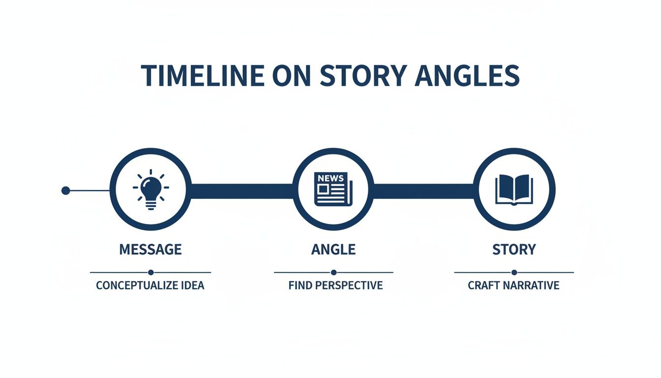 A timeline infographic detailing the process of developing story angles from idea to narrative.
