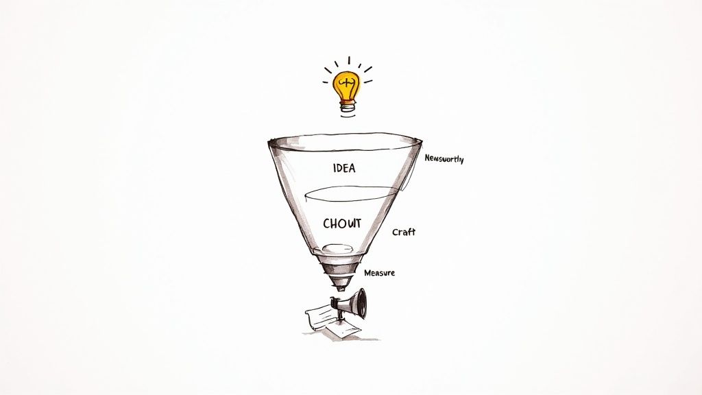 A lightbulb over a funnel illustrating a process: idea, chout, newsworthy, craft, and measure leading to a megaphone.