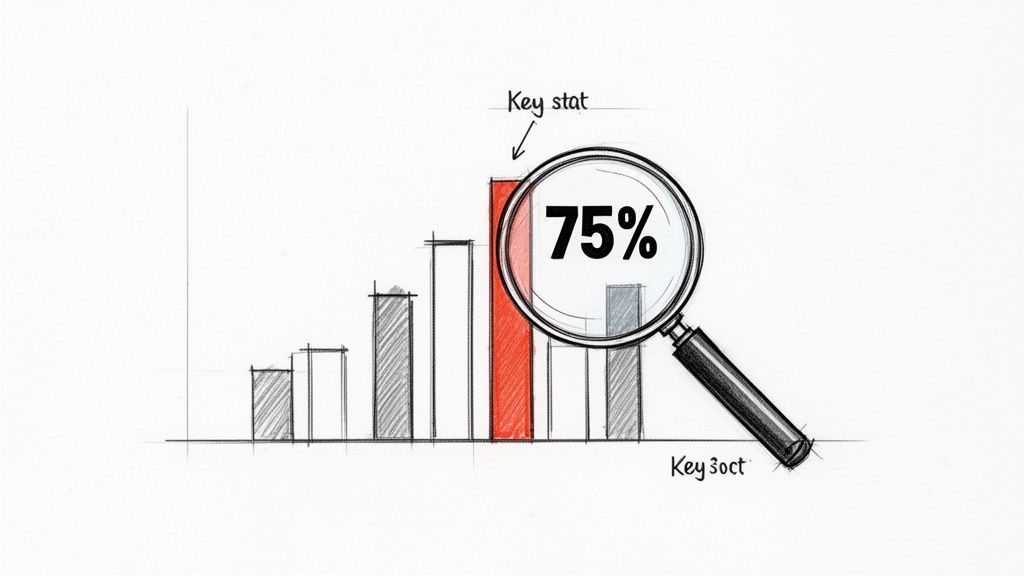 A hand-drawn bar chart with one red bar highlighted by a magnifying glass showing '75%', labeled 'Key stat'.