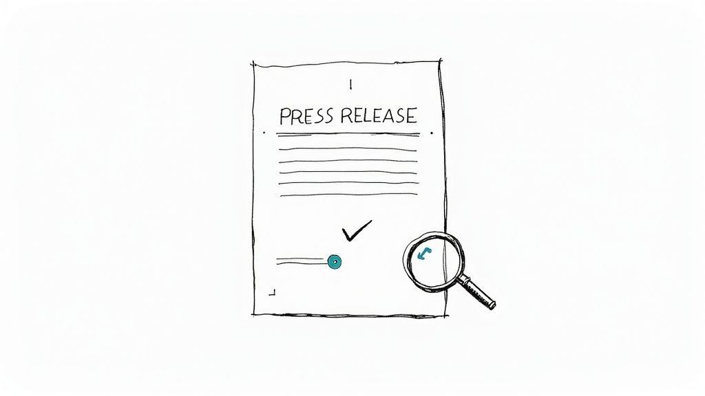 Illustration of a press release document being reviewed, featuring a checkmark and a magnifying glass highlighting a key.
