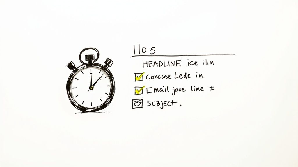 A hand-drawn stopwatch next to a checklist for writing headlines and email subjects.