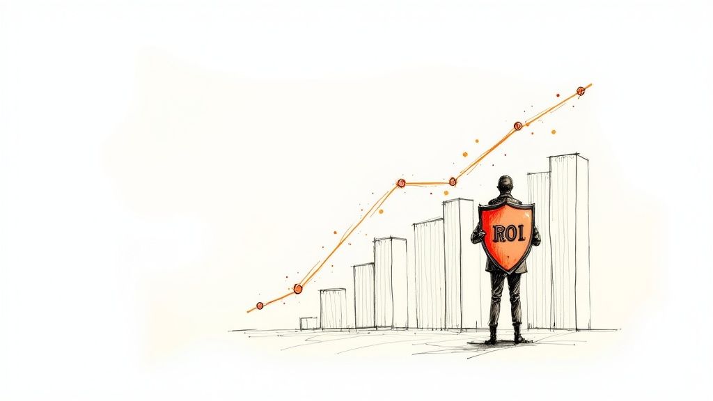 A group of marketers analyzing charts and graphs on a digital screen, illustrating the process of measuring ROI
