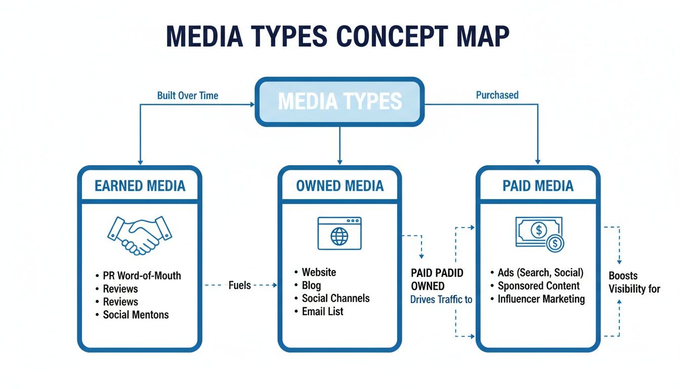 A concept map illustrating the three main media types: Earned, Owned, and Paid, with examples.