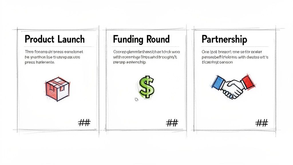 Three panels illustrating business concepts: Product Launch (box), Funding Round (dollar sign), and Partnership (handshake).