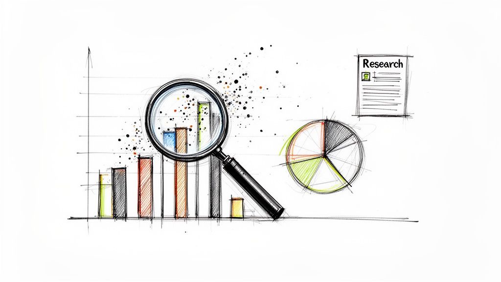 Hand-drawn sketch illustrating data analysis with charts, a magnifying glass, and a research document.