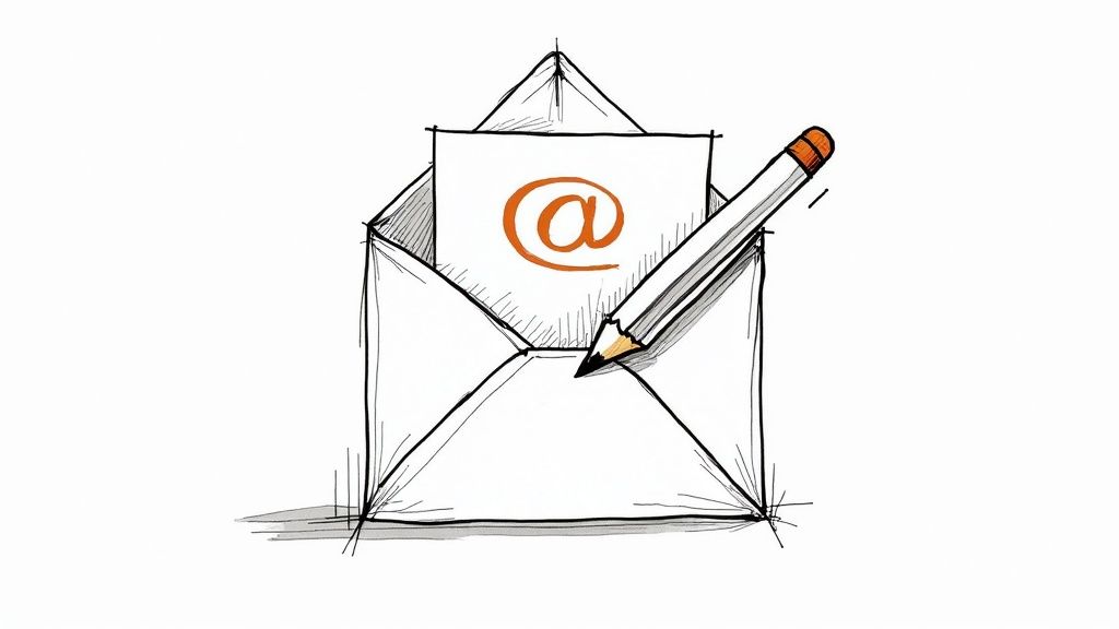 A person writing an email pitch on a laptop with a focused expression.