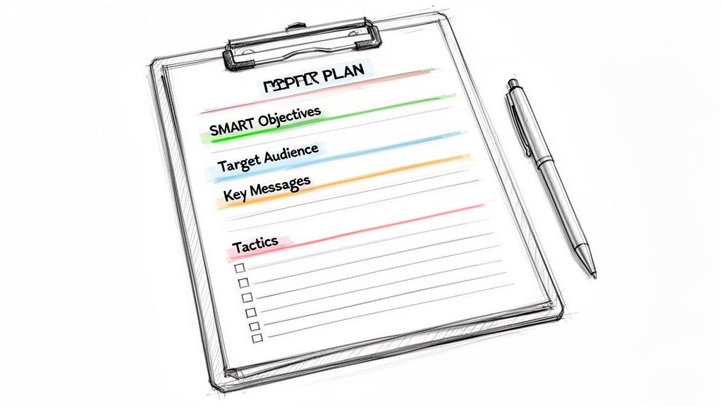 A hand-drawn PR plan template on a clipboard, outlining SMART objectives, target audience, key messages, and tactics with checkboxes.