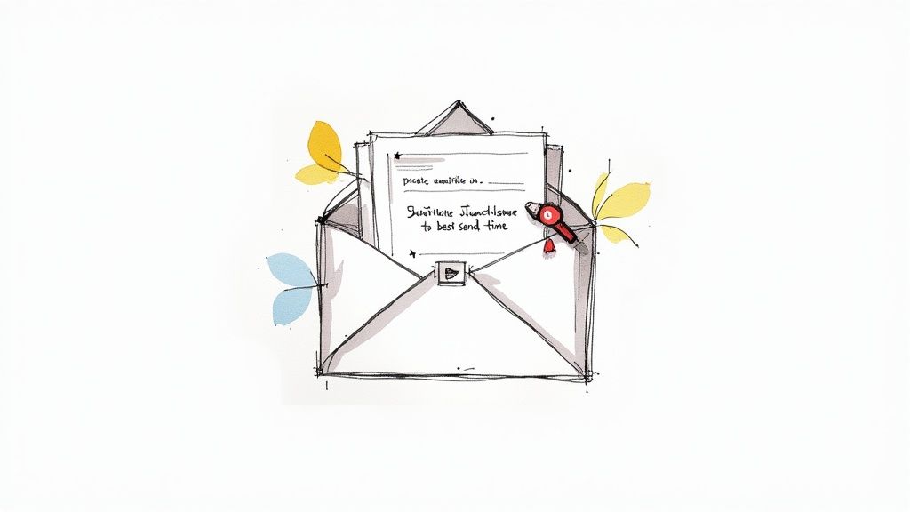 Hand-drawn illustration of an open envelope containing a letter, with colorful abstract leaves.