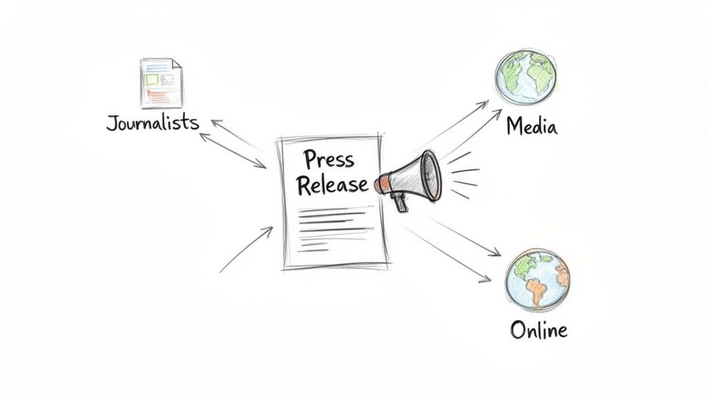 A diagram illustrating press release distribution to journalists, media, and online platforms.