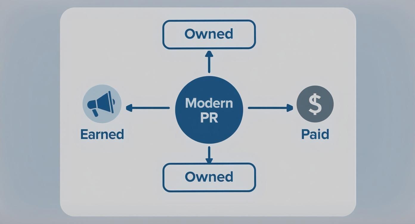 Modern PR diagram showing four categories: Earned, Paid, and two Owned media channels with connecting arrows