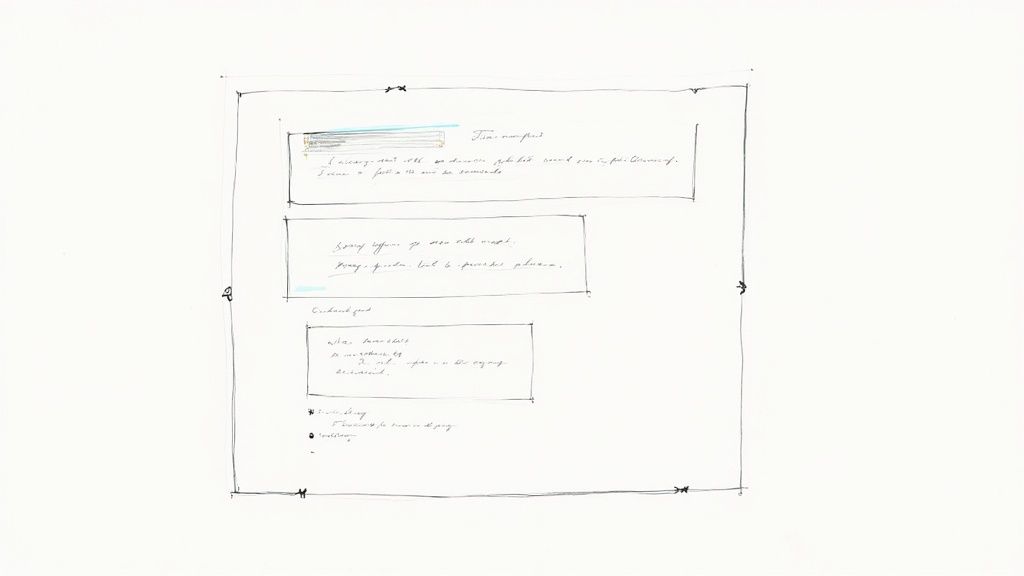 A hand-drawn sketch outlining a document layout with handwritten notes, text blocks, and highlights.