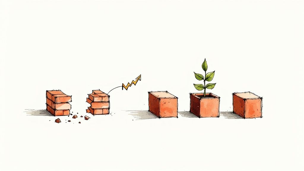 Broken bricks transforming into a plant, symbolizing resilience, growth, and overcoming crisis.