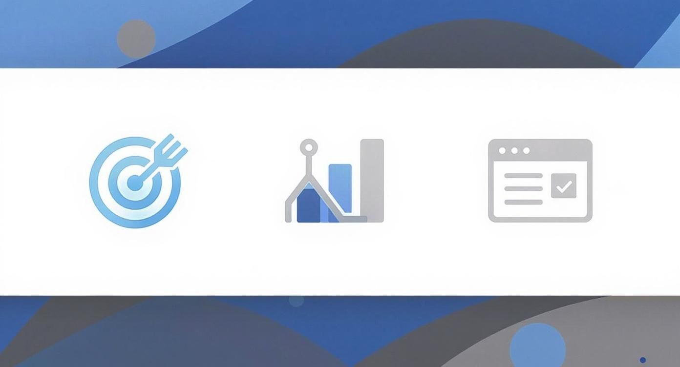 Three icons: target with dart, bar chart with pointer, and document with checkmark, symbolizing goals, analysis, and completion.