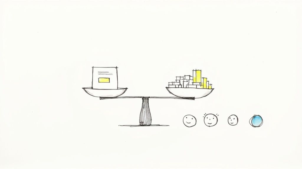 Illustration of a balanced scale comparing a single large entity to multiple smaller ones, representing market share.