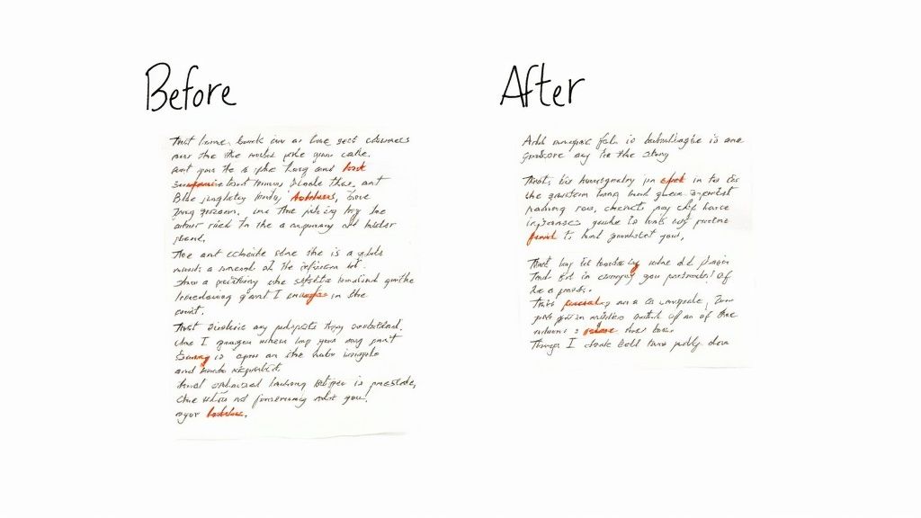 A document with red X's over common mistakes, being edited and improved to show a polished final version.