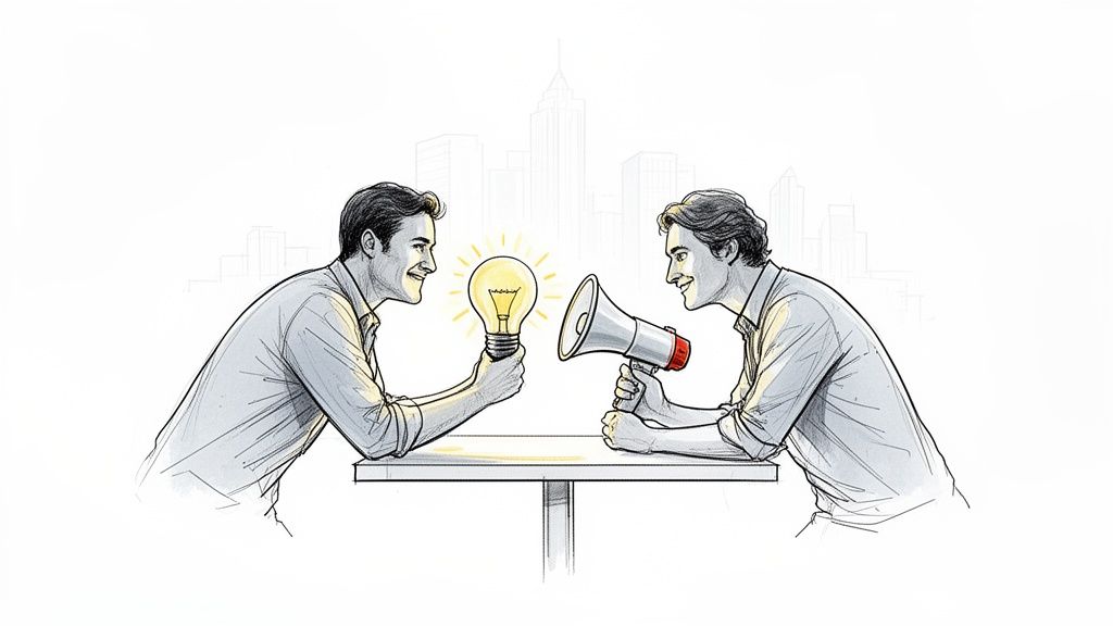 Two smiling men, one with a bright idea bulb, one with a megaphone, representing communication and innovation.