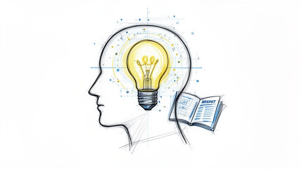 A sketch of a human head with a glowing light bulb, symbolizing an idea, and an open book.