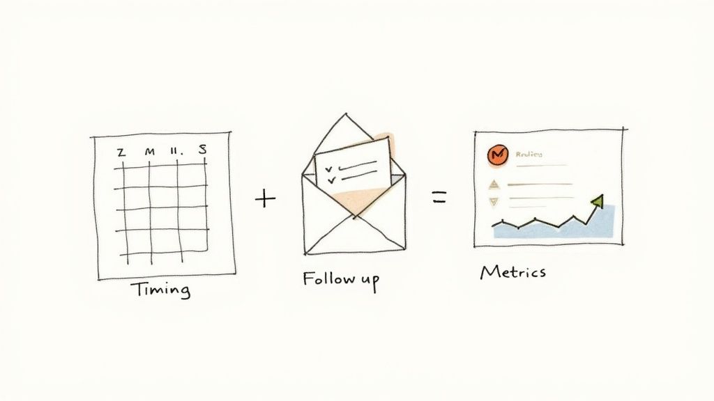 Hand-drawn illustration showing 'Timing' (calendar) + 'Follow up' (email with checklist) = 'Metrics' (upward trending graph).