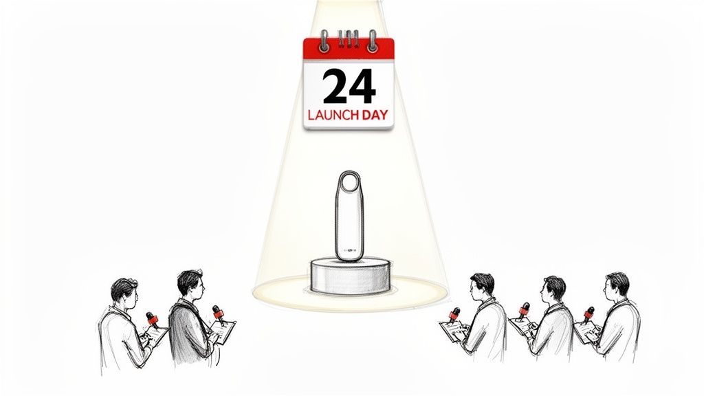 Illustration of a product launch event: calendar '24 Launch Day', spotlight on product, reporters observing.